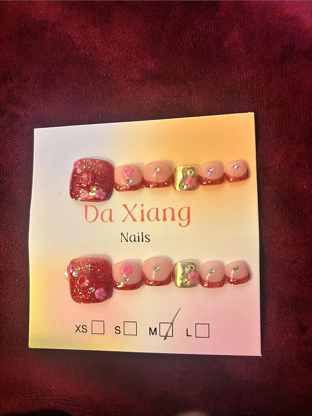 Da Xiang Nails Pink & Red Glitter Press-On Nails